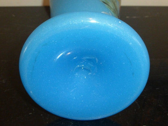 French Blue Opaline Glass Hand Painted Vase 12.5