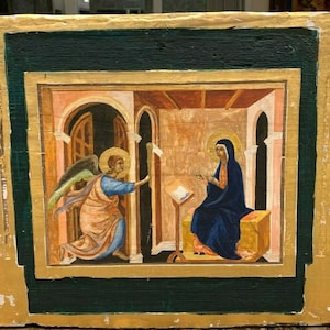 Monumental Antique Gesso and Wood Icon of Annunciation