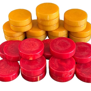 Backgammon Bakelite 1 3/8" Butterscotch and Red Checkers 30 Pieces