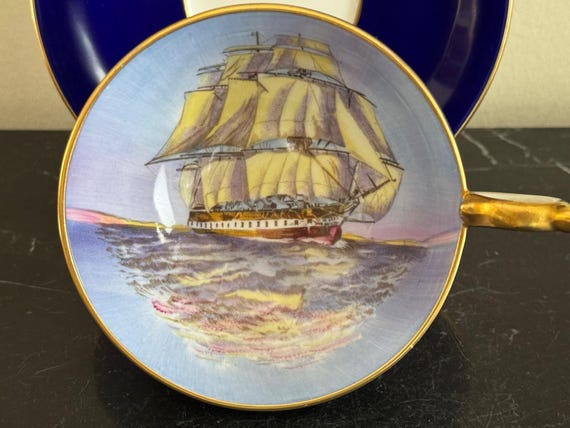 Vintage Aynsley Bone China Clipper Ship Cobalt Blue 1234 Tea Cup