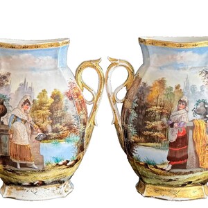 Hand Painted Old Paris Spanish Ladies in Traditional Costume Porcelain Vases