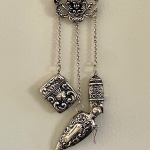 Gorgeous Antique Victorian Repousse Sterling Silver .925 Chatelaine Brooch Pin
