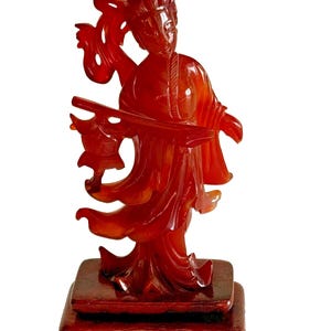 Vintage Chinese Carved Agate Stone Bodhisattva Guanyin Sculpture on Wood Base