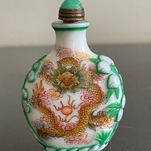 Chinese Peking Glass Snuff Bottle w Hand Painted Dragon, Phoenix & Overlay Decor