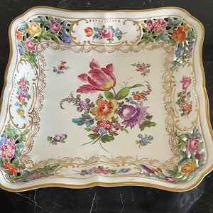 Antique Dresden 8" Reticulated Square Porcelain Dish *