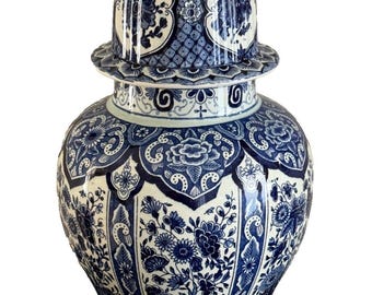 Vintage Dutch Delft Holland 19.5" Tall Decorative Glazed Covered Ginger Jar
