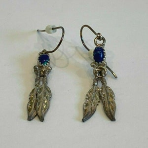 Eugene Belone Navajo Sterling Silver Feather Dangling Fish Hook Earrings w Stone