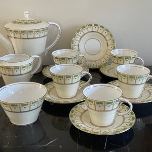 AYNSLEY Art Deco Style Chocolate Set: Pot, Creamer, Sugar Bowl, Cups & Saucers