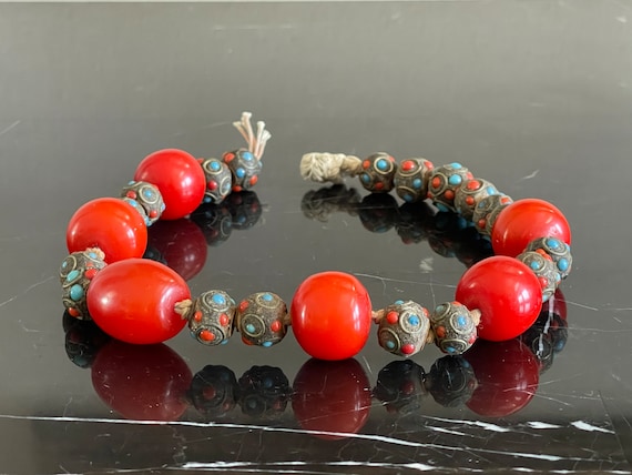 Vintage Tibetan Coral Turquoise Inlay Stones Bead… - image 1