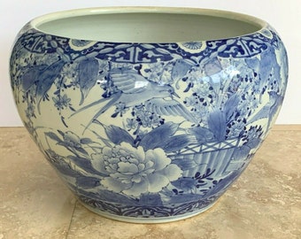 Impresionante viejo chino de porcelana azul y blanca Pájaros Motivo floral Planter Bowl