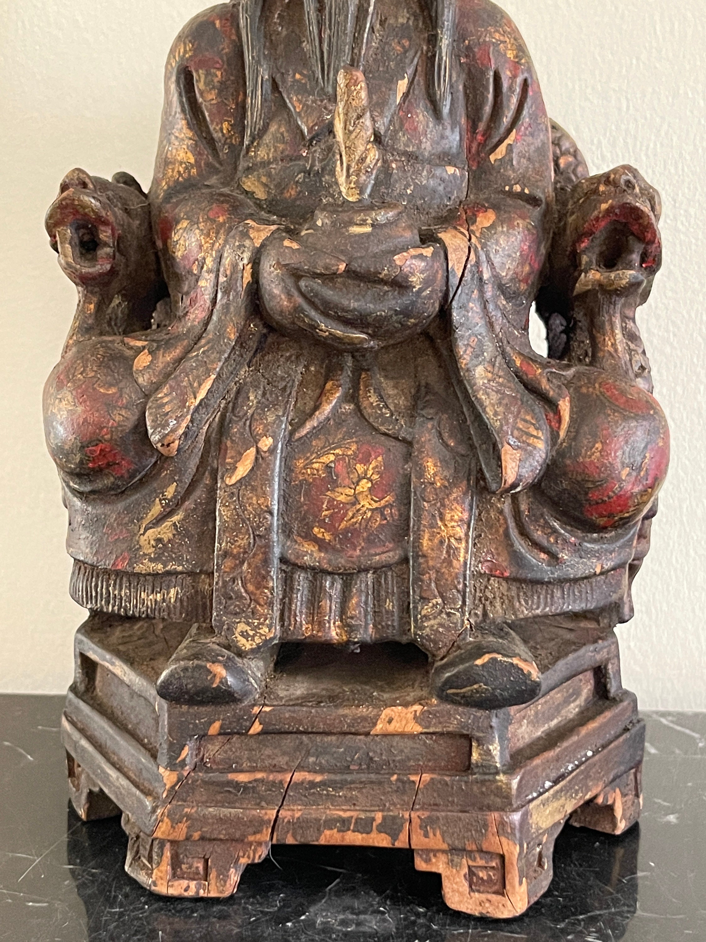 Sculpture Asiatique En Bois Polychrome - Style Bouddhisme - Statue Ancienne - Occasion - Décoration Ethnique