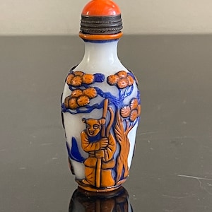 Chinese White Peking Glass Snuff Bottle with Blue and Orange Overlay Decoration