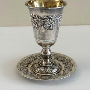 Sterling Silver .925 Judaic Wine Goblet or Kiddush Grapes Cup & Saucer 121 Grams