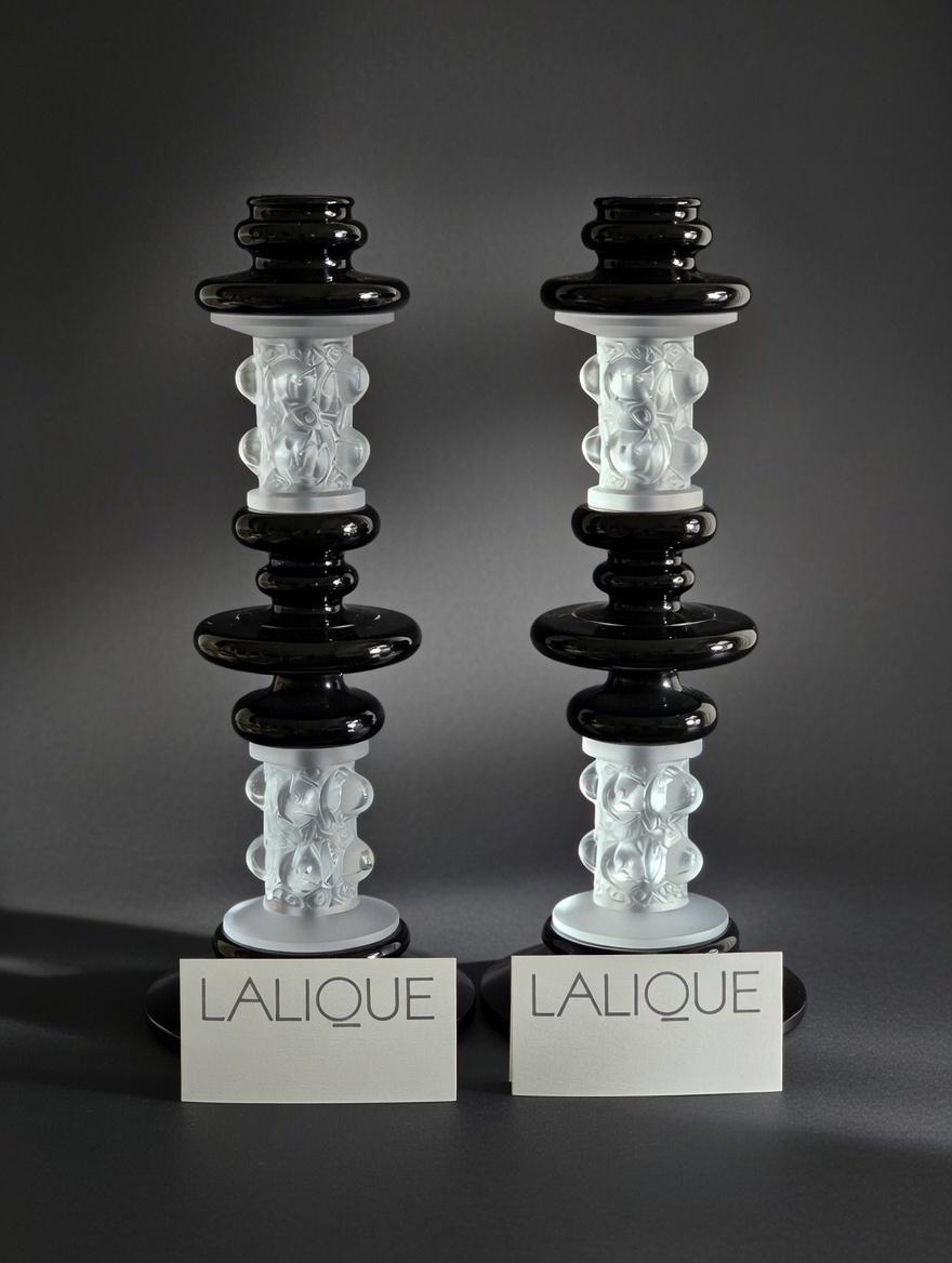 Lalique France Frosted Crystal and Black Delrin Thorns Candlestick