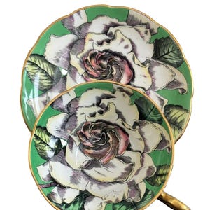 Taylor and Kent Bone China Cup and Saucer Cabbage Rose Design Green Background