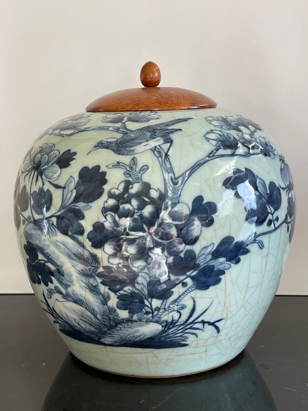 Antique Chinese Blue and White Celadon Ginger Jar With Bird Floral