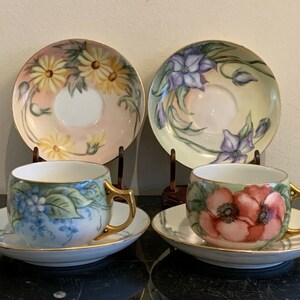 Vintage Austrian Hand Painted Porcelain Cups and Saucers