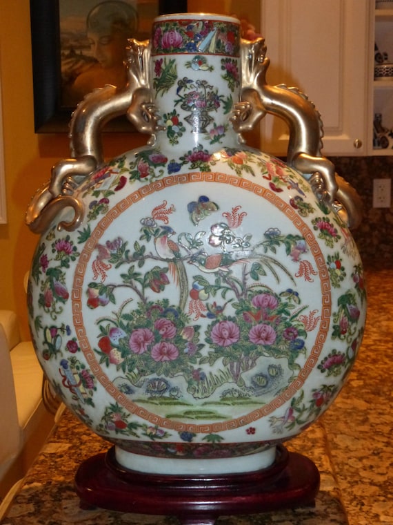 Chinese Famille Rose Moonflask Vase With Dragon Handles - Huge 20
