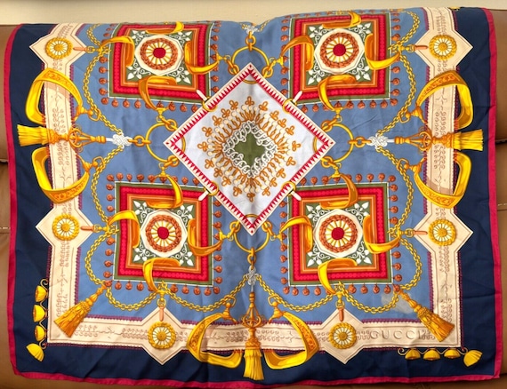 Gucci Italy Silk Tassel Chains Scarf 35" X 35"