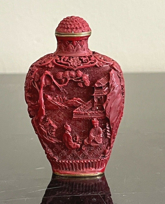 アンティーク中国彫刻庭園風景辰砂嗅ぎタバコ瓶 - Etsy 日本
