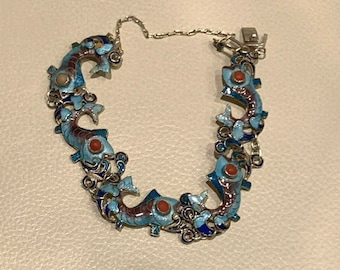 Vintage Chinese Silver Vermeil Coral Enamel Whimsical Fish Bracelet