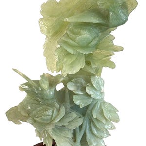Antique Chinese Hand Carved Jade Phoenix Bird and Peonies Sculpture Wood Stand