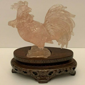 Antique Chinese Carved Rose Quartz Rooster Sculpture on Wood Base