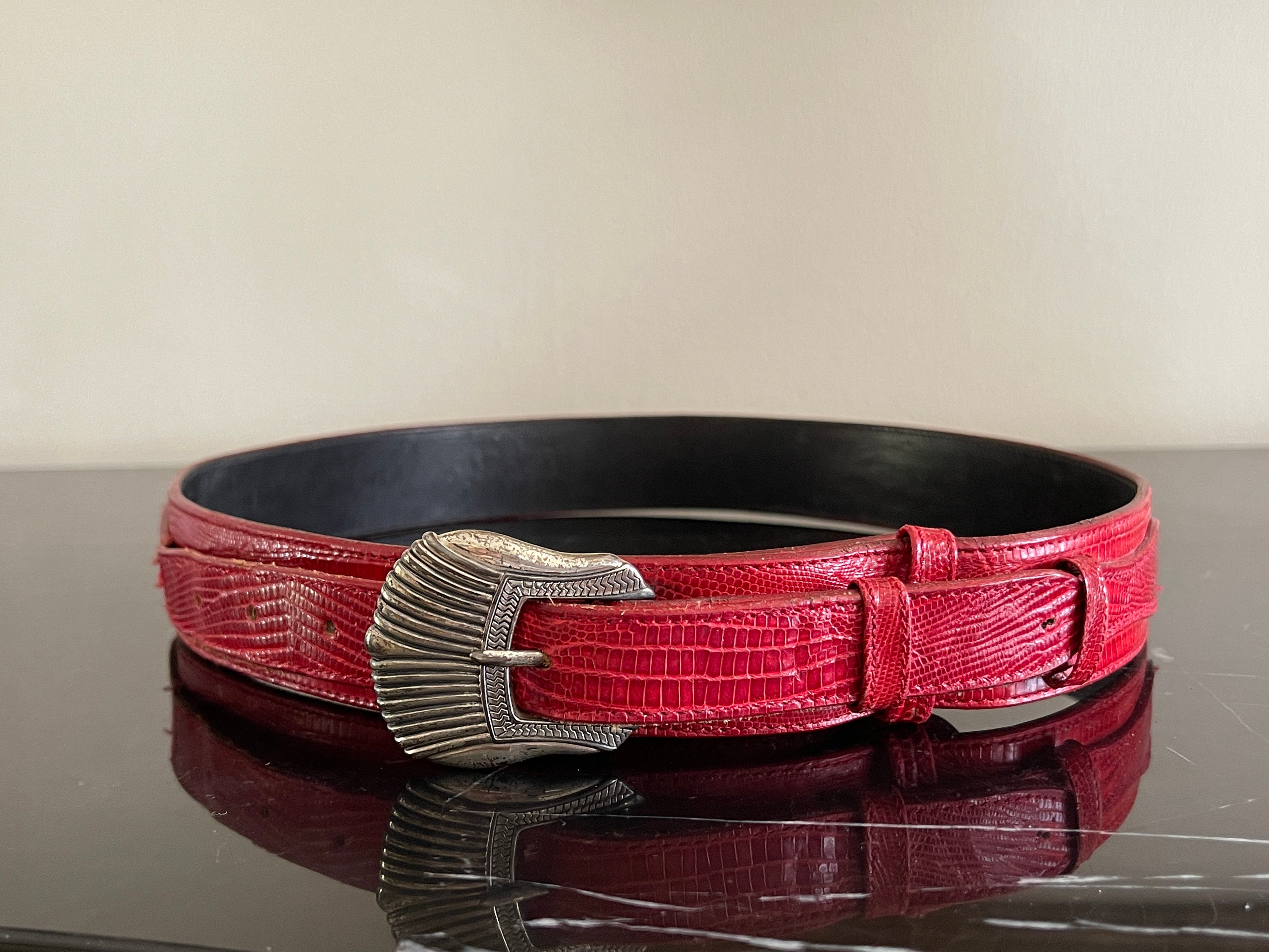Vintage Red Leather Belt With Sterling Silver Buckle Marked  display picture 3