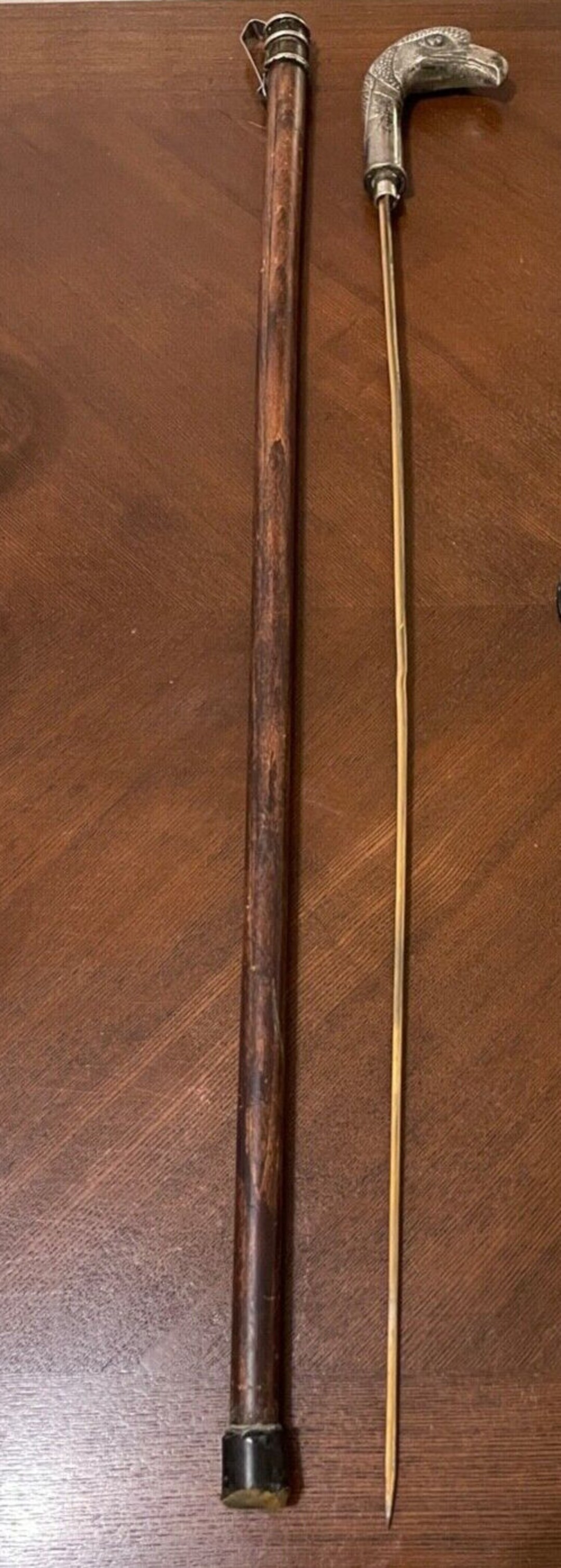 thumbnail image 2 of Antique Chrome Wolf Head Handle Wooden Inlay Cane - Victorian Style Walking Stick Gift 2 of 5