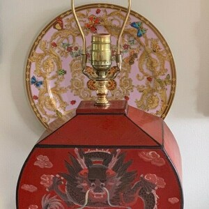 Chinese Red Lacquer Table Lamp with Dragon & Polychrome Hand Painted Decoration