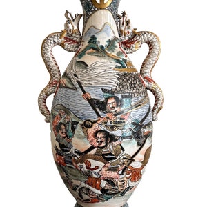 Fine Antique Japanese Satsuma Pottery Vase High Relief Decor & Dragon Handles *