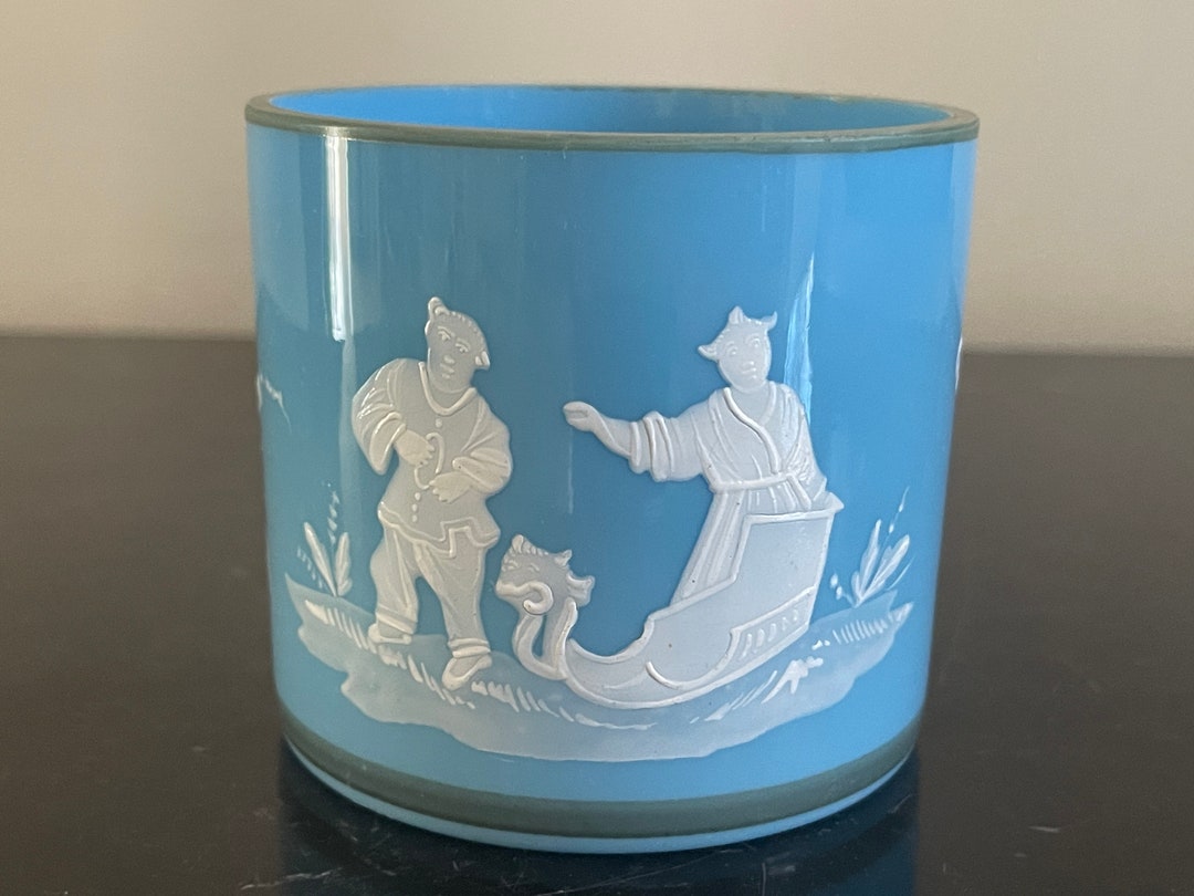 Vintage Blue Opaline Glass Candle Holder With White Enamel Decoration