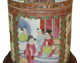 Unusual Vintage Chinese Famille Rose Lidded Canister Jar on a Wood Base