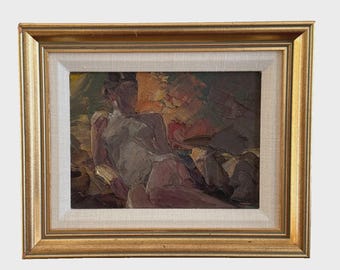 Vintage Mid‑Century Abstract Figurative Oil Painting Artwork Signed LH