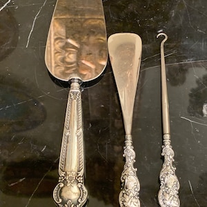 Antique English Sterling Silver Button Hook, Shoehorn and Cake Server