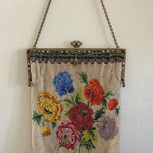 Antique Victorian Micro Beaded Floral Purse with Enamel and Jewel Decoration