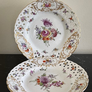 Antique Dresden Porcelain Pierced Plates with Letter S Above Crossed Mark *