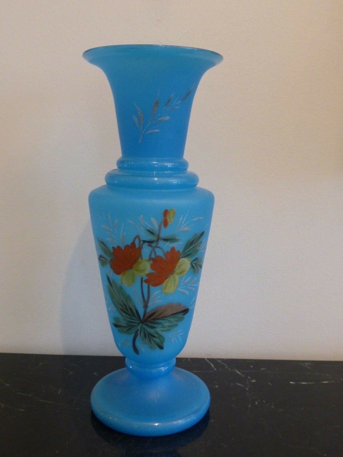 French Blue Opaline Glass Hand Painted Vase 12.5 High Etsy