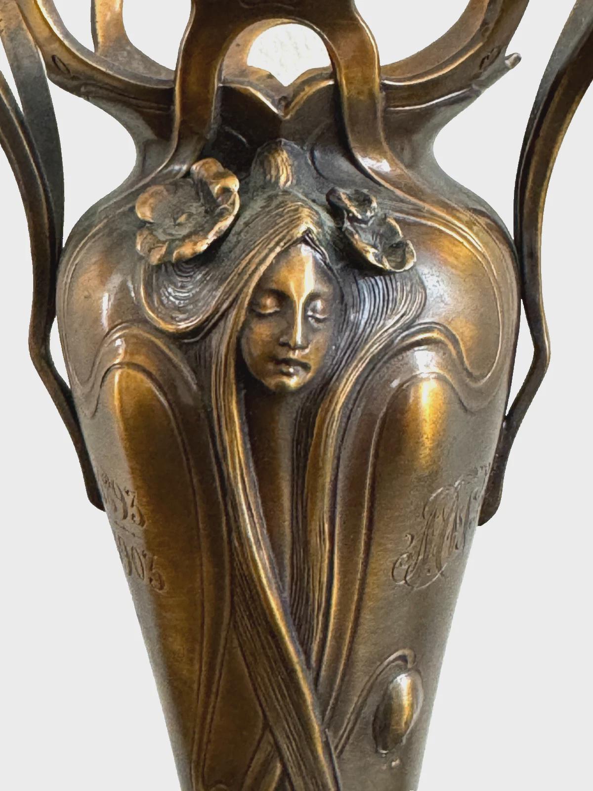 Antique 1893 French Art Nouveau Bronze Finish Vase Woman's Face