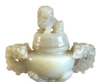 アンティーク 19-20 世紀 中国製 天然翡翠 香炉 手彫り 3本脚 香炉