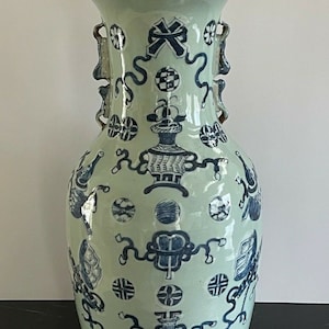 Antique Chinese Celadon Pottery Vase with Blue Decoration