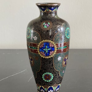 Antique Japanese Cloisonne Vase with Geometrical Figures on Black Ground