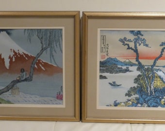 2 Katsushika Hokusai Framed Embroidered Silk Artwork