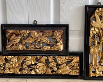Vintage Set of 3 Chinese Carved Wood Relief Gilt Panels w Birds, Floral, Figures *