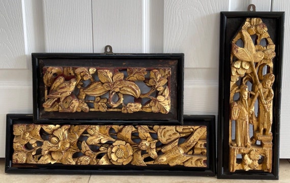Vintage Set of 3 Chinese Carved Wood Relief Gilt Panels W Birds
