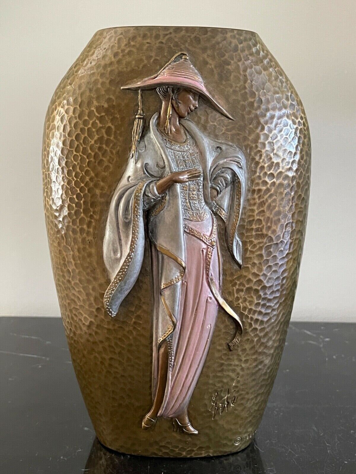 Vintage Erte Roman Tirtoff Hammered Bronze & Enamel Art Deco Chapeau Vase 62/275