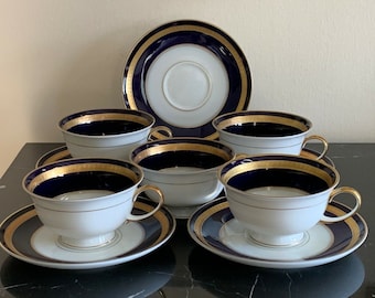 Rosenthal Germany Eminence Cobalt Blue and Gold Cup and Saucers Set of 5