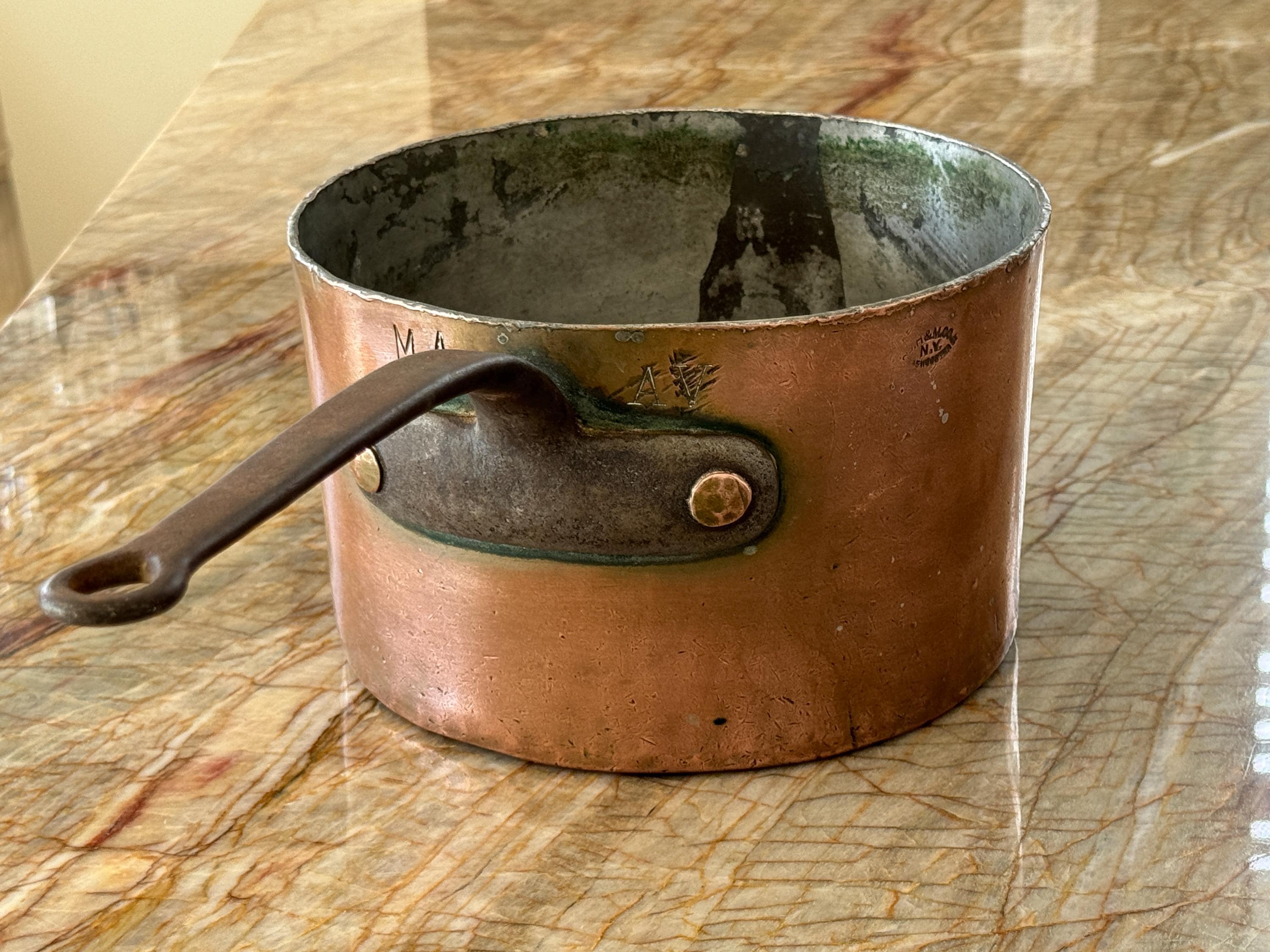 Antique Stamped D.H. & M. Co Wooster St., NY Copper Casserole Pot