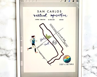 May include: A digital illustration of a marathon course map on a tablet. The map includes the text "San Carlos Virtual Marathon" and a runner graphic. The map shows the start and finish lines, and the text "LOOP x 5.82 TIMES".