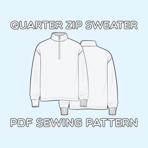 May include: A line drawing of a quarter zip sweater sewing pattern. The pattern shows the front and back views of the sweater.